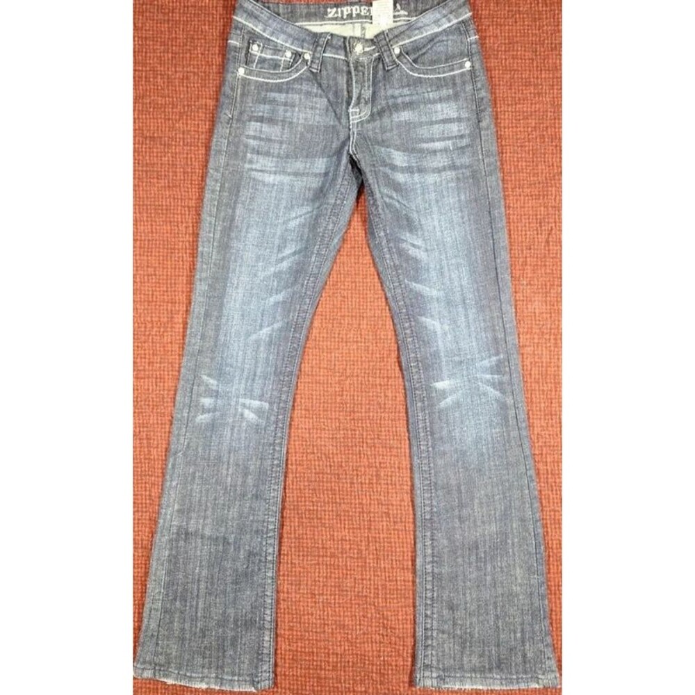 Zipper Jeans Women 7 Bootcut Low Rise Dark Wash Embroidered Pockets Denim Y2K